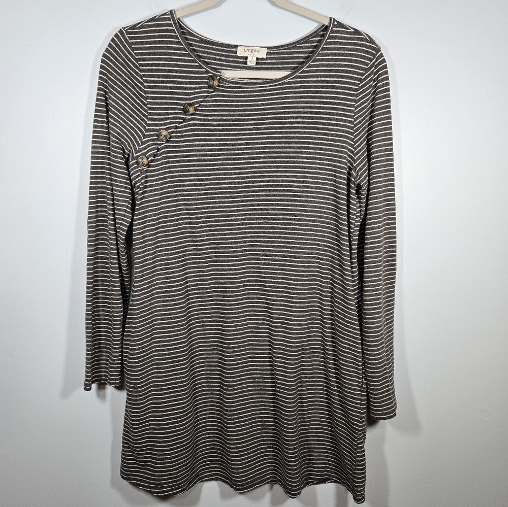 Umgee Charcoal Gray White Striped Tunic Top Size Small Long Sleeve Boho Casual
